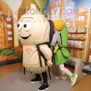 Tan Zucchini mascot costume character dressed with a Leggings and Backpacks