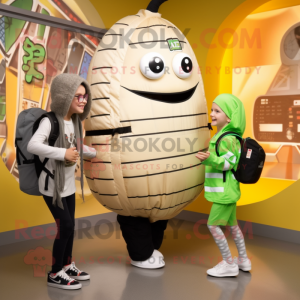 Tan Zucchini mascot costume character dressed with a Leggings and Backpacks