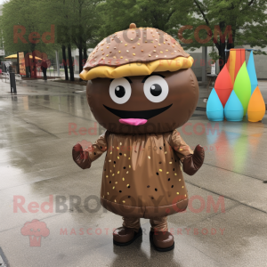 Brown Hamburger mascot costume character dressed with a Raincoat and Anklets