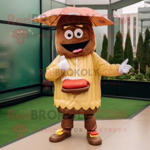 Brown Hamburger mascot costume character dressed with a Raincoat and Anklets