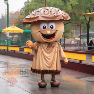 Brown Hamburger mascot costume character dressed with a Raincoat and Anklets