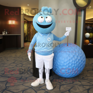 Sky Blue Golf Ball mascot costume character dressed with a Leggings and Lapel pins