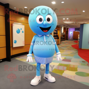 Sky Blue Golf Ball mascot costume character dressed with a Leggings and Lapel pins