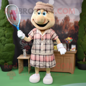 Beige Tennis Racket mascot costume character dressed with a Flannel Shirt and Earrings