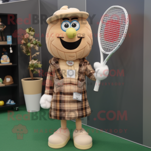 Beige Tennis Racket mascot costume character dressed with a Flannel Shirt and Earrings