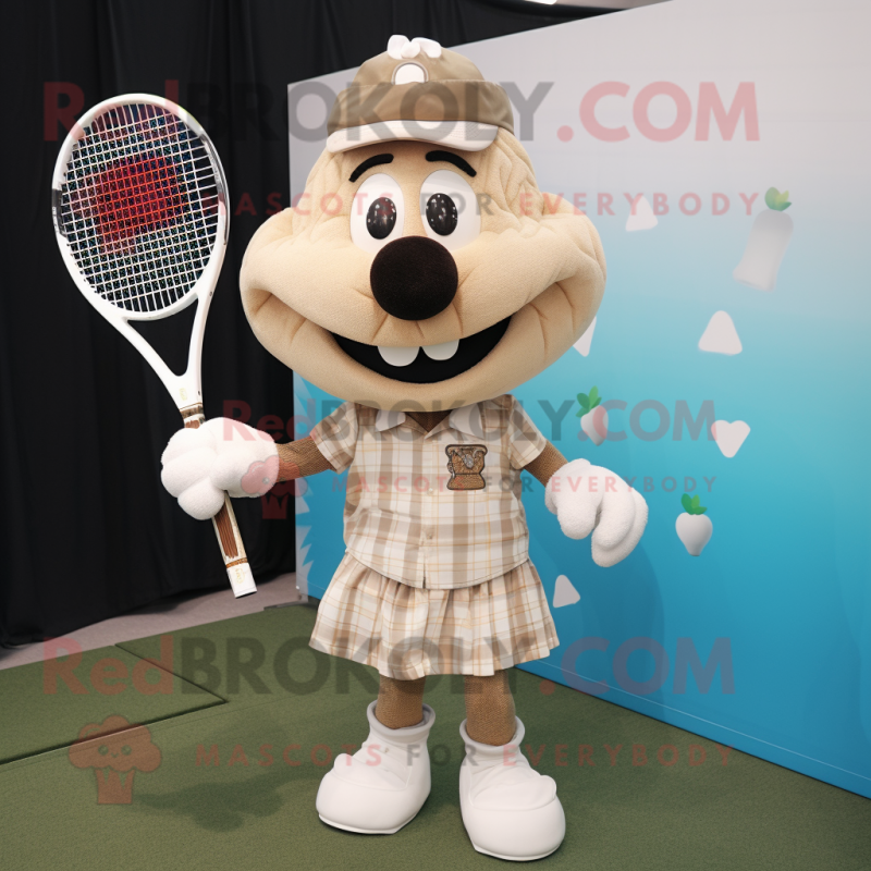 Beige Tennis Racket mascot costume character dressed with a Flannel Shirt and Earrings