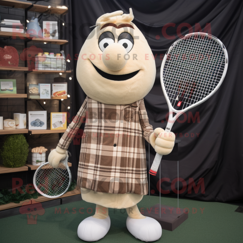 Beige Tennis Racket mascot costume character dressed with a Flannel Shirt and Earrings