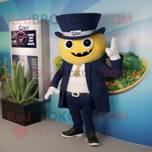 Navy Tacos mascot costume character dressed with a Suit and Digital watches