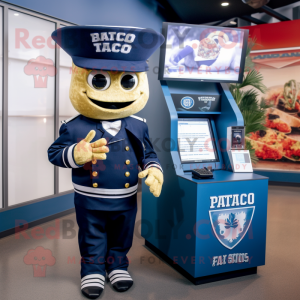 Navy Tacos mascot costume character dressed with a Suit and Digital watches