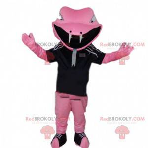 Mascote cobra rosa em roupas esportivas, fantasia de cobra -