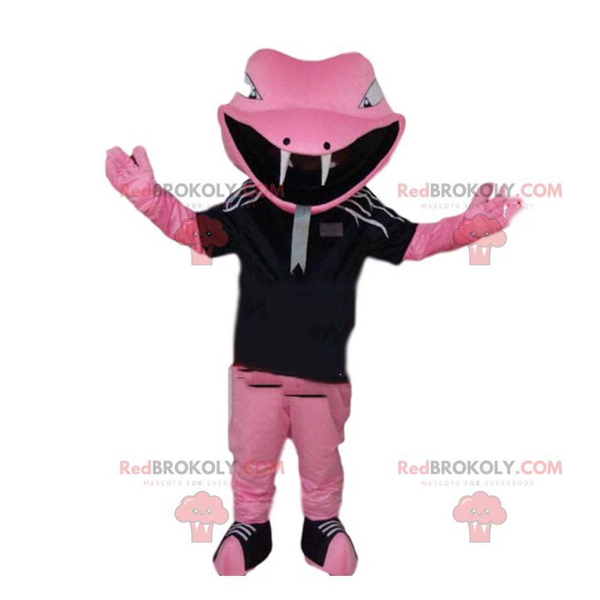 Mascote cobra rosa em roupas esportivas, fantasia de cobra -