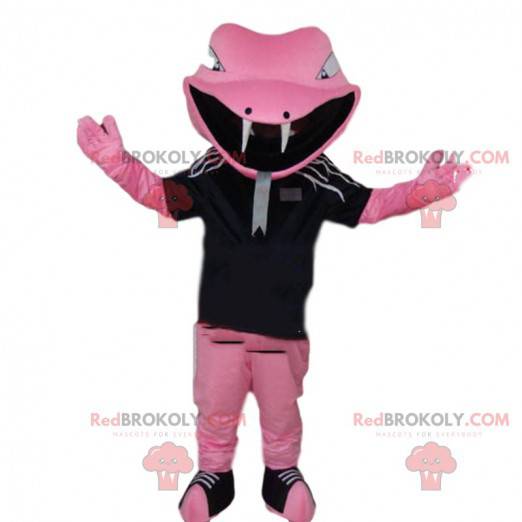 Mascota serpiente rosa en ropa deportiva, traje de serpiente -