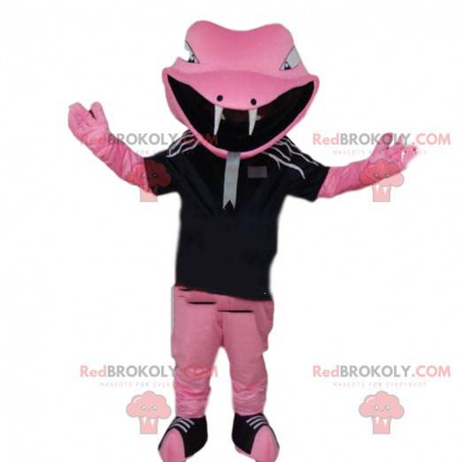 Mascotte de serpent rose en tenue de sport, costume de serpent