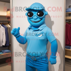 Sky Blue Superhero mascot costume character dressed with a Polo Shirt and Cufflinks