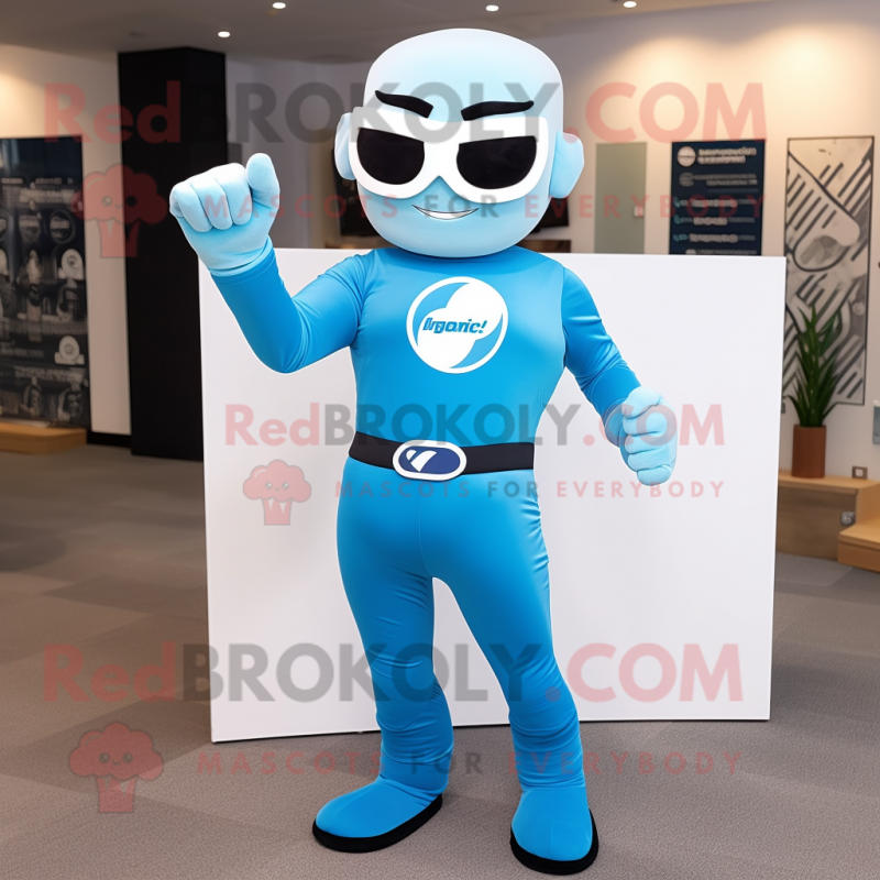 Sky Blue Superhero mascot costume character dressed with a Polo Shirt and Cufflinks Sky Blue Superhero mascot costume character dressed with a Polo Shirt and Cufflinks