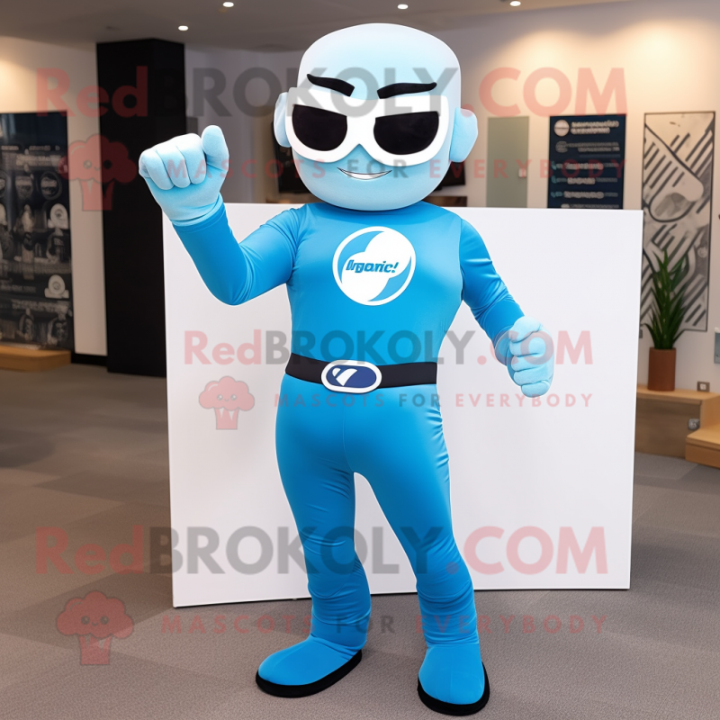 Sky Blue Superhero mascot costume character dressed with a Polo Shirt and Cufflinks