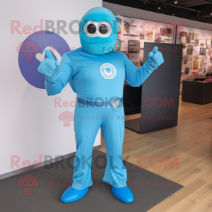 Sky Blue Superhero mascot costume character dressed with a Polo Shirt and Cufflinks