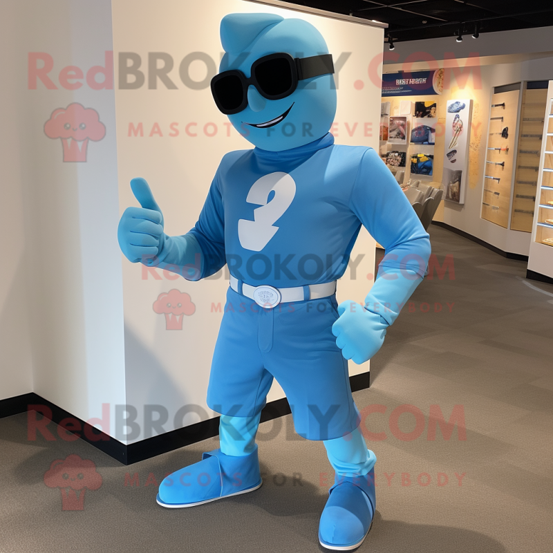 Sky Blue Superhero mascot costume character dressed with a Polo Shirt and Cufflinks