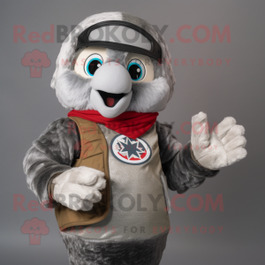 Silver Shakshuka mascot costume character dressed with a Moto Jacket and Mittens