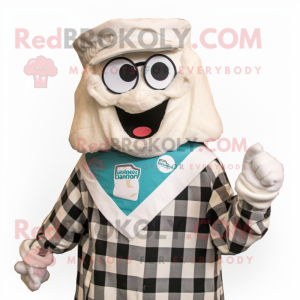 White Lasagna mascot costume character dressed with a Flannel Shirt and Earrings