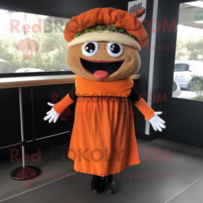 Orange Pulled Pork Sandwich mascot costume character dressed with a Wrap Dress and Berets