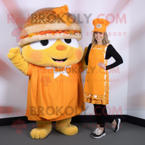Orange Pulled Pork Sandwich mascot costume character dressed with a Wrap Dress and Berets