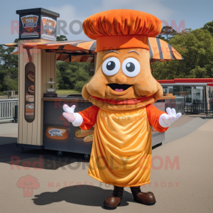 Orange Pulled Pork Sandwich mascot costume character dressed with a Wrap Dress and Berets