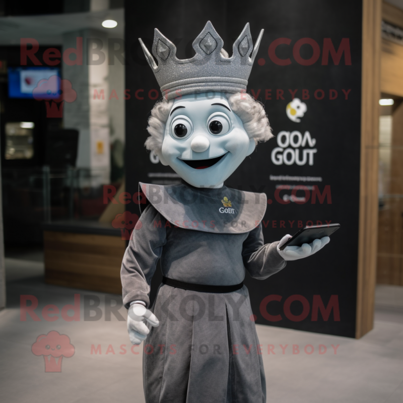 Gray Queen mascot costume character dressed with a Oxford Shirt and Smartwatches