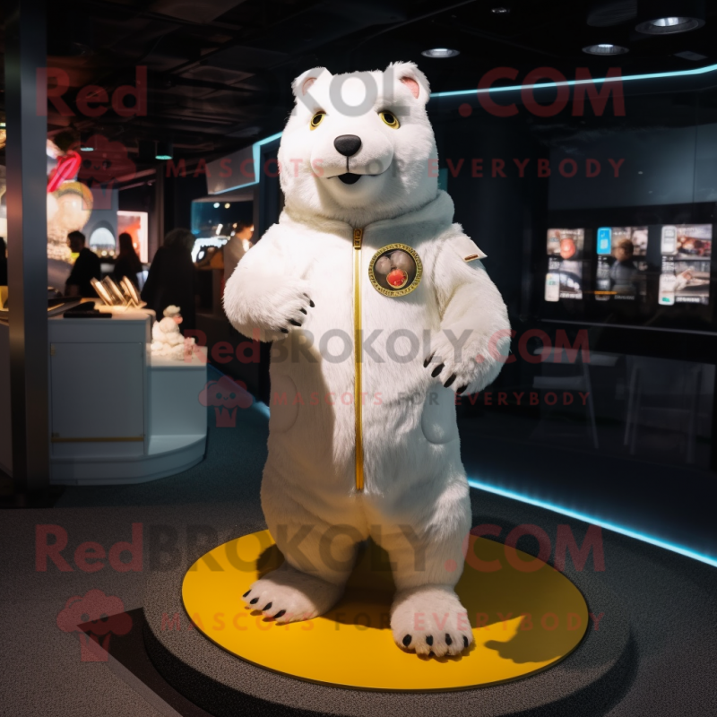 White Beaver mascot costume character dressed with a Jumpsuit and Coin purses White Beaver mascot costume character dressed with a Jumpsuit and Coin purses