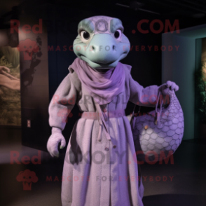 Lavender Anaconda mascot costume character dressed with a Coat and Handbags