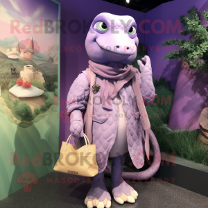 Lavender Anaconda mascot costume character dressed with a Coat and Handbags