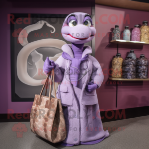 Lavender Anaconda mascot costume character dressed with a Coat and Handbags