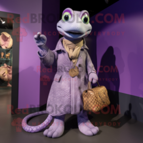 Lavender Anaconda mascot costume character dressed with a Coat and Handbags