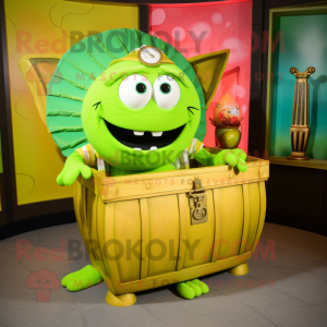 Lime Green Treasure Chest mascot costume character dressed with a Capri Pants and Shoe clips