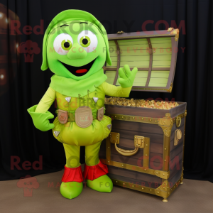 Lime Green Treasure Chest mascot costume character dressed with a Capri Pants and Shoe clips