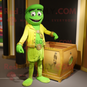 Lime Green Treasure Chest mascot costume character dressed with a Capri Pants and Shoe clips