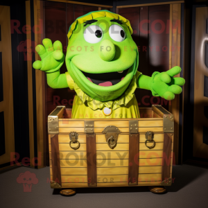 Lime Green Treasure Chest mascot costume character dressed with a Capri Pants and Shoe clips