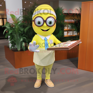 Lemon Yellow Plate Spinner mascot costume character dressed with a Dress Shirt and Reading glasses