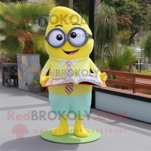 Lemon Yellow Plate Spinner mascot costume character dressed with a Dress Shirt and Reading glasses
