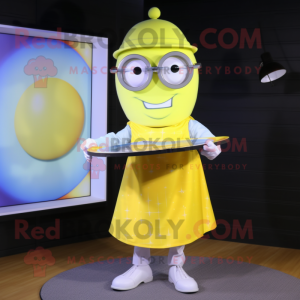 Lemon Yellow Plate Spinner mascot costume character dressed with a Dress Shirt and Reading glasses