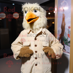 Beige Hens mascot costume character dressed with a Button-Up Shirt and Shawl pins