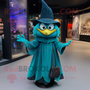 Teal Witch'S Hat mascot costume character dressed with a Skirt and Clutch bags