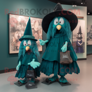 Teal Witch'S Hat mascot costume character dressed with a Skirt and Clutch bags