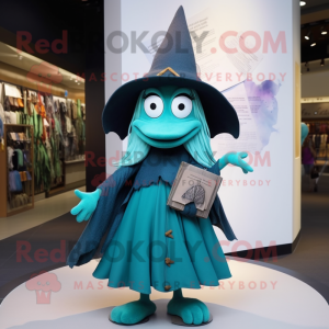 Teal Witch'S Hat mascot costume character dressed with a Skirt and Clutch bags