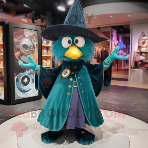 Teal Witch'S Hat mascot costume character dressed with a Skirt and Clutch bags