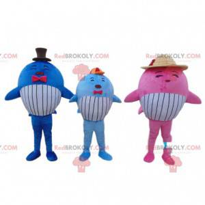 3 mascotes de baleia coloridos, 3 peixes gigantes -