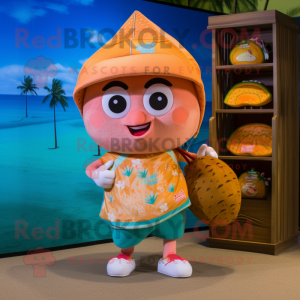 Peach Dim Sum mascot costume character dressed with a Board Shorts and Tote bags