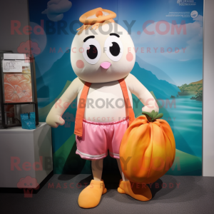 Peach Dim Sum mascot costume character dressed with a Board Shorts and Tote bags