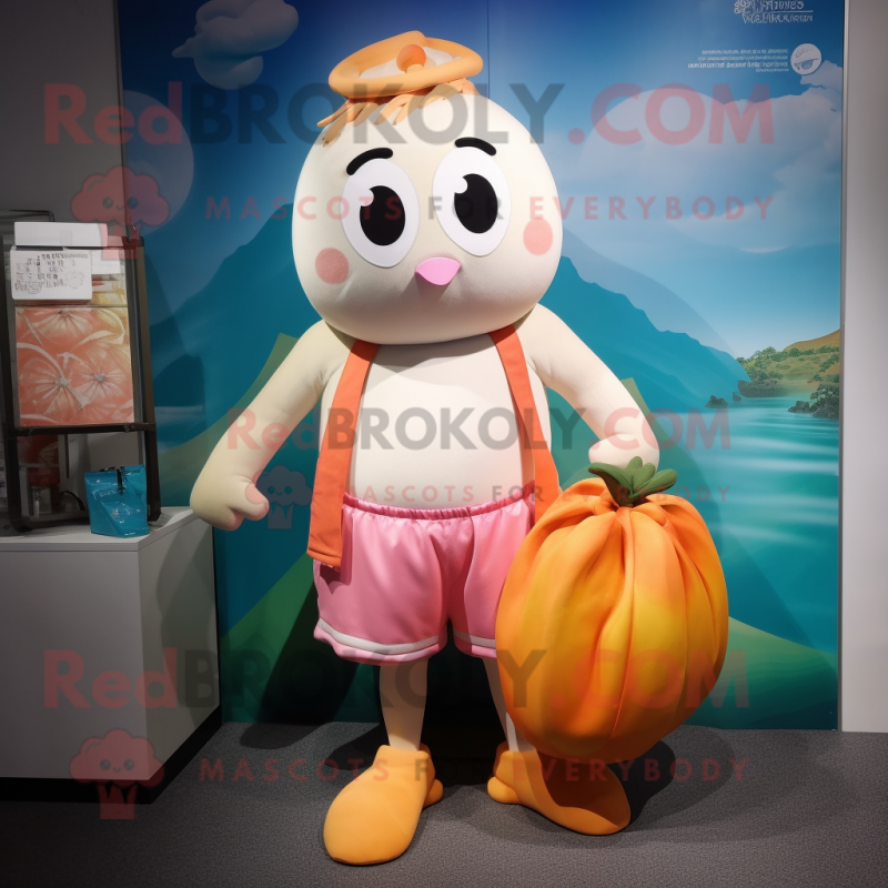 Peach Dim Sum mascot costume character dressed with a Board Shorts and Tote bags