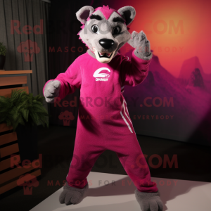 Magenta Thylacosmilus mascot costume character dressed with a Sweater and Shoe laces